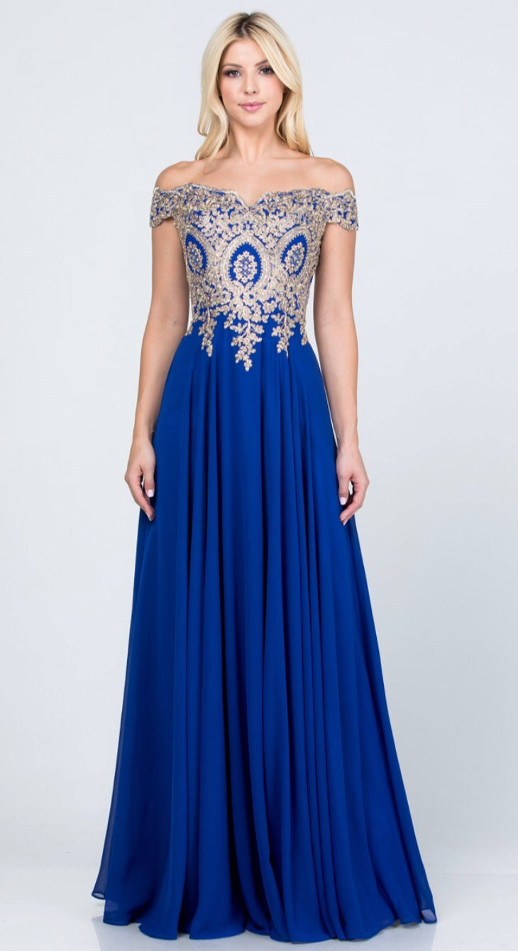 Blue Plus Size Off The Shoulder Chiffon Embellished Gown