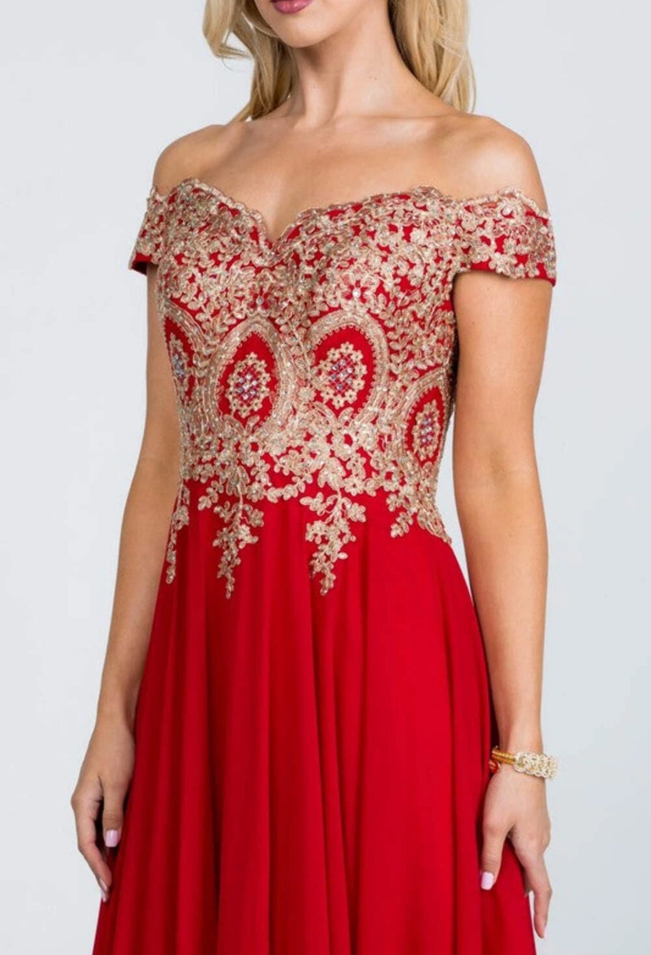 Red Plus Size Off The Shoulder Chiffon Embellished Gown