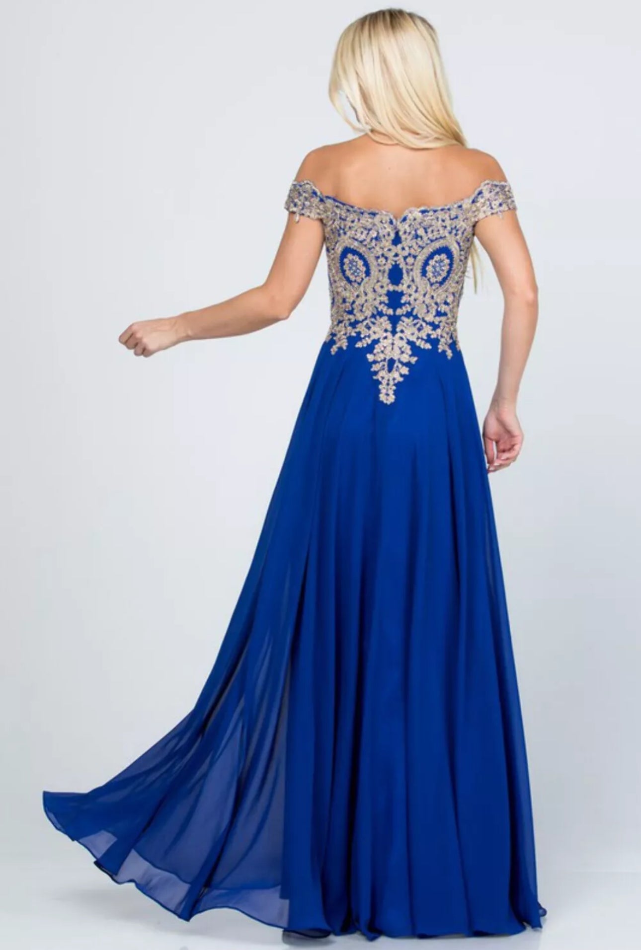 Blue Plus Size Off The Shoulder Chiffon Embellished Gown