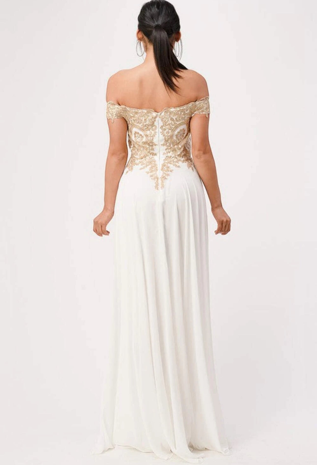 White Plus Size Off The Shoulder Chiffon Embellished Gown