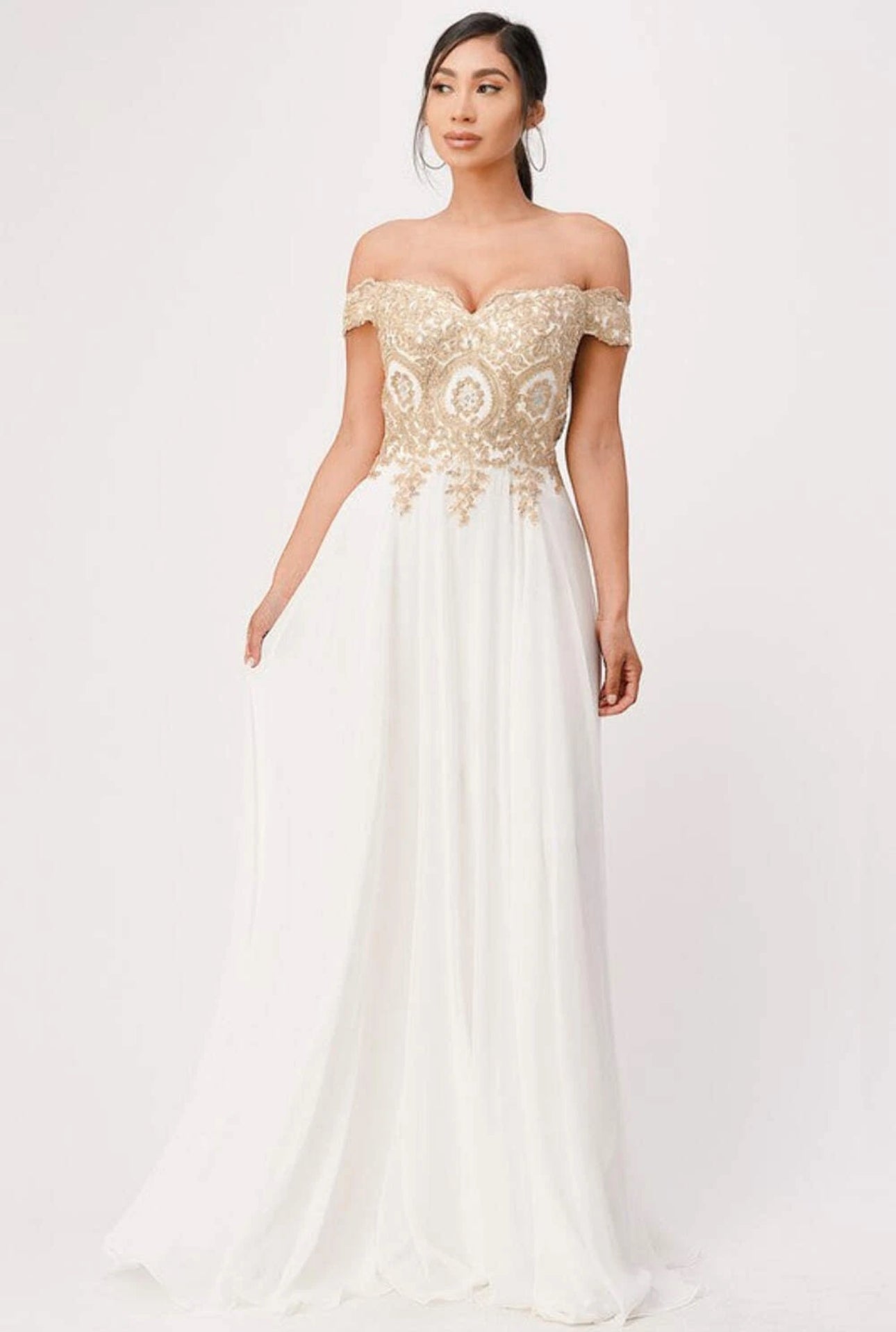 White Plus Size Off The Shoulder Chiffon Embellished Gown