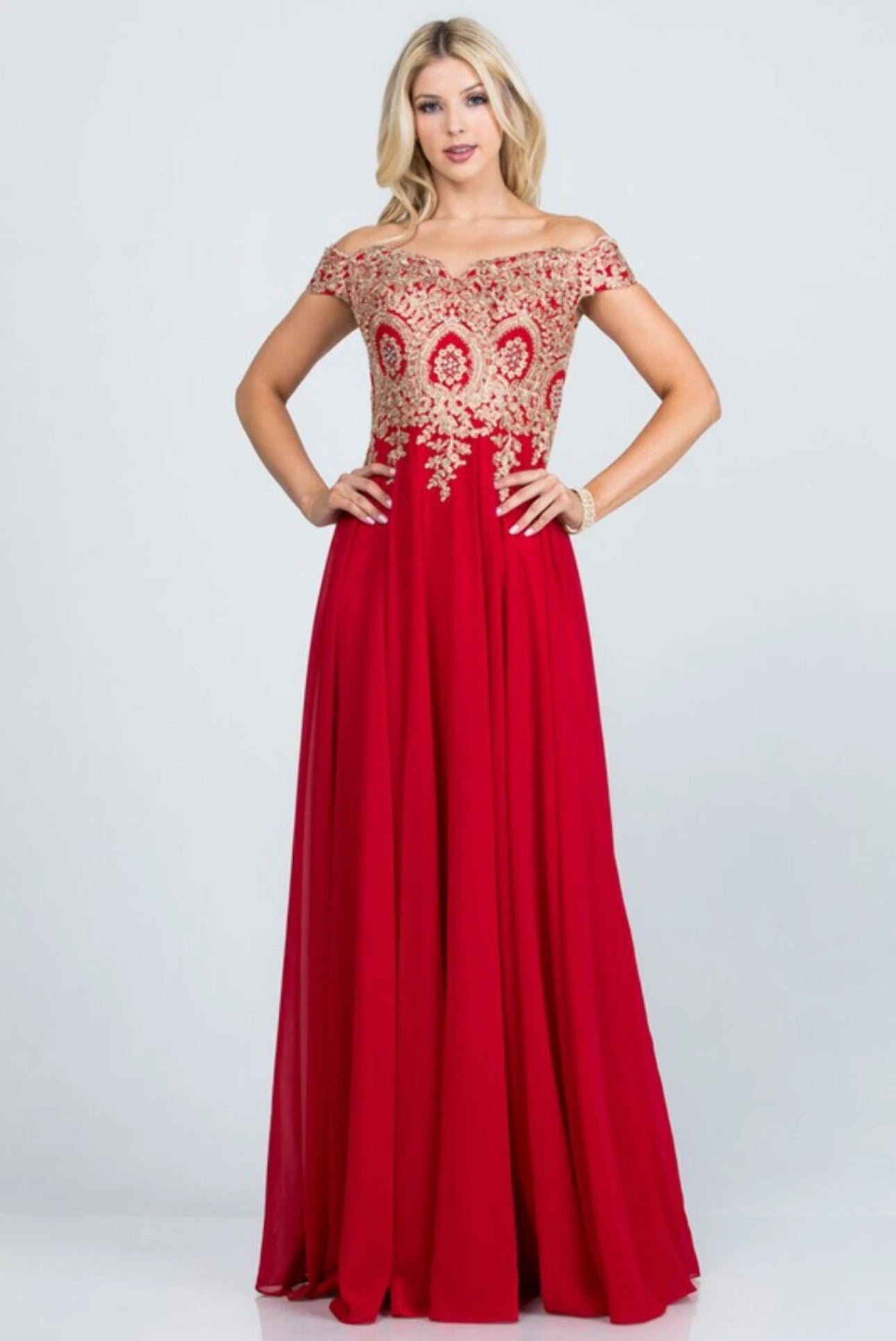Red Plus Size Off The Shoulder Chiffon Embellished Gown