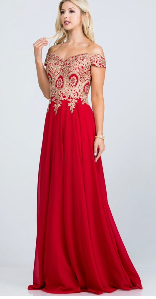 Red Plus Size Off The Shoulder Chiffon Embellished Gown