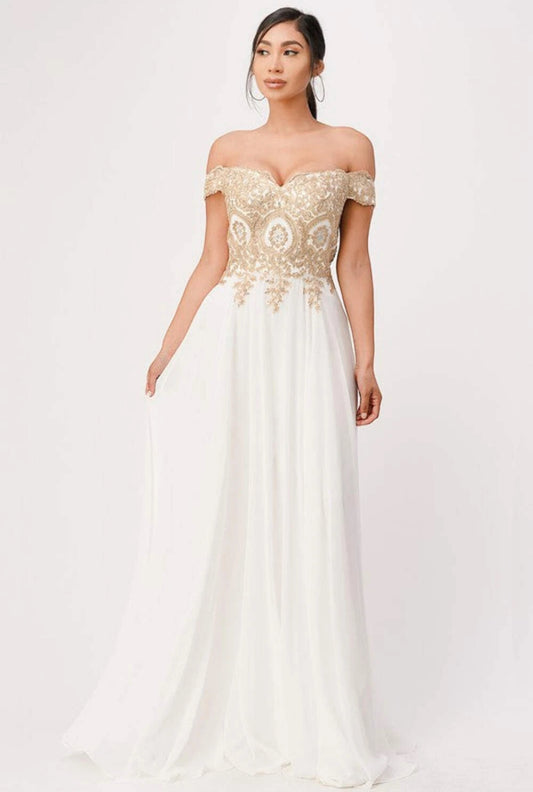 White Plus Size Off The Shoulder Chiffon Embellished Gown