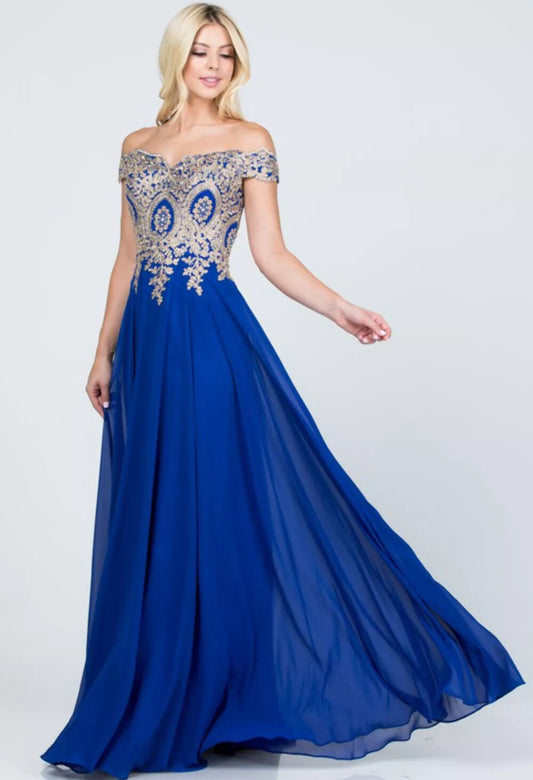 Blue Plus Size Off The Shoulder Chiffon Embellished Gown